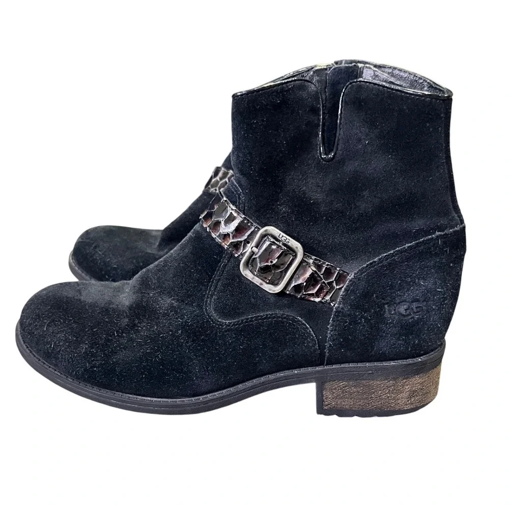 UGG Milner Ankle Boots Women's 8 Black Suede Wedge Moto Buckle‎ Side Zip Western